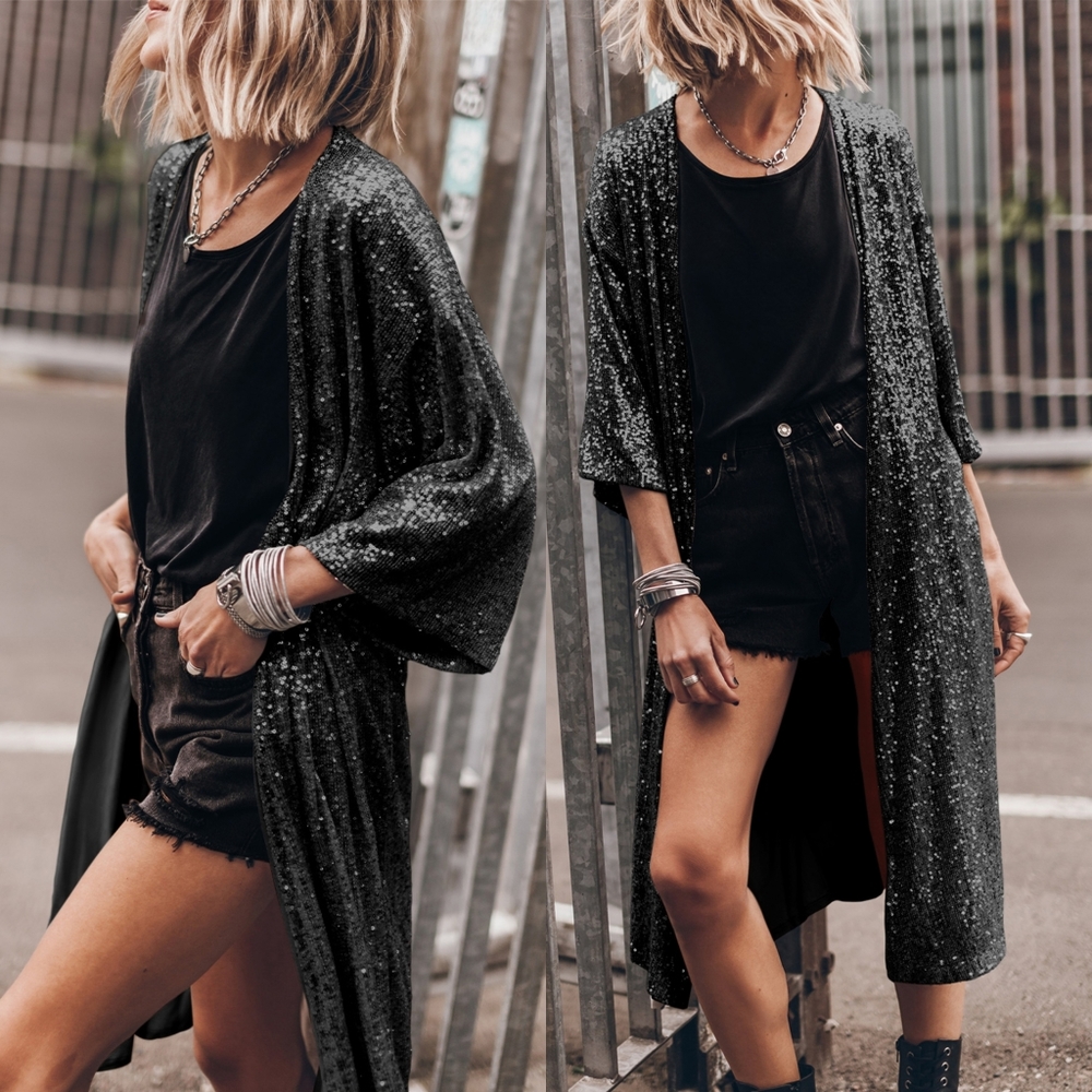 Sequin Duster Cardigan - Black